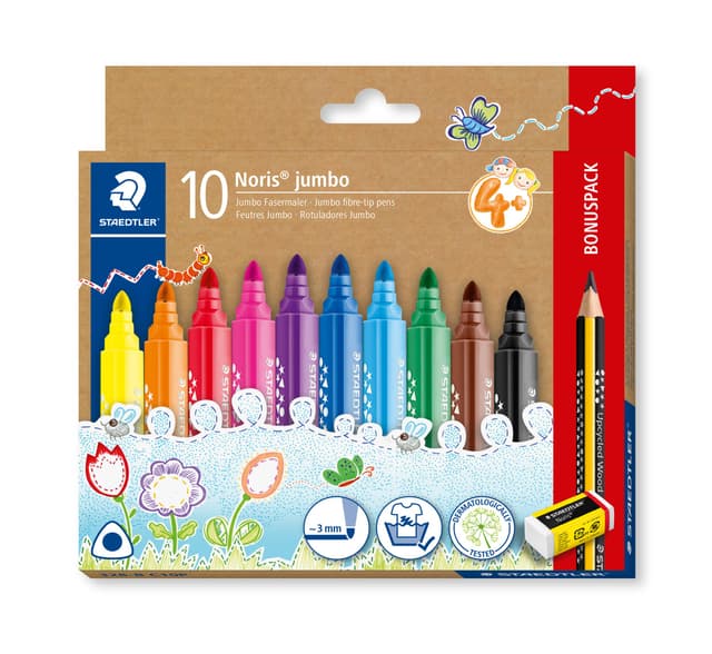 STAEDTLER Noris jumbo 328-B dreikantiger jumbo Fasermaler, ergonomischer dicker Schaft, attraktive Sternchenprägung, Kartonetui mit 10 Fasermalern, Promotion, 328-B C10P