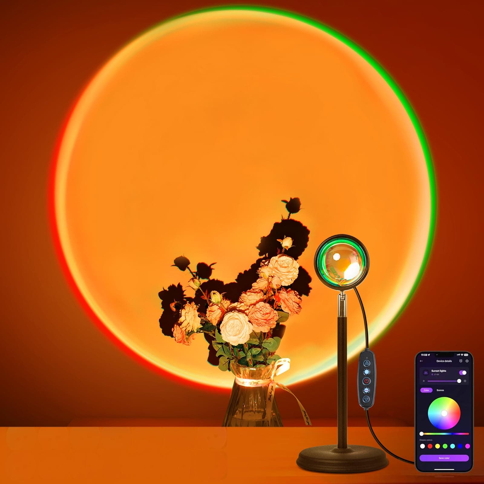 MeRGBW-Home Sunset Lampe, 21 Farben Sonnenuntergang Lampe, USB-Anschluss Sonnenlicht LED Projektor, 180° Schwenkbares, Druckknopfschalter und APP-Steuerung für Party, Fotos, Muttertag Geschenk Rundstab Sockel