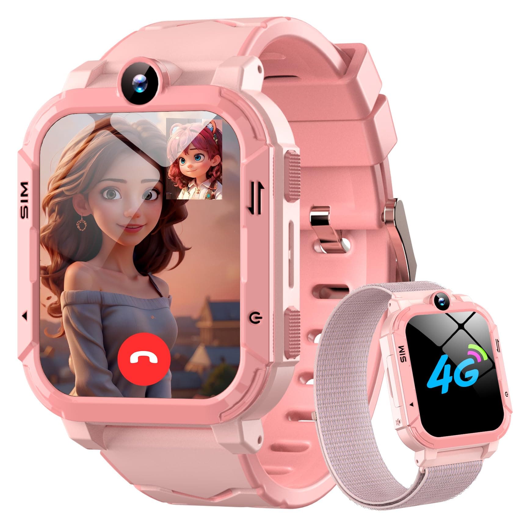 Blackview Smartwatch Kinder, Kann SIM-Karte einstecken, LBS+WLAN+GPS-Tracker, Uhr mit 4G Funktionen, SOS Notruf, Telefonanruf, Videoanrufe, Sprachchat, SMS, Schulmodus, Kinderuhr für Mädchen und Junge 4G-Pfirsichrosa
