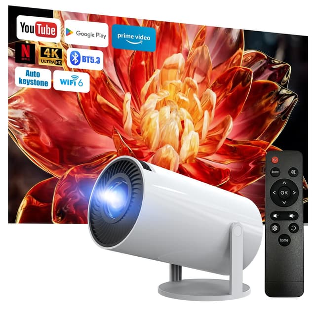 Beamer 4K 1080P Full HD Unterstützt Android 13, 2025 Upgraded Mini Beamer 5G WiFi 6 BT 5.3, Mini Projektor 4K Heimkino/Laptop/HDMI/USB/Auto Horizontal Trapezoid Correction