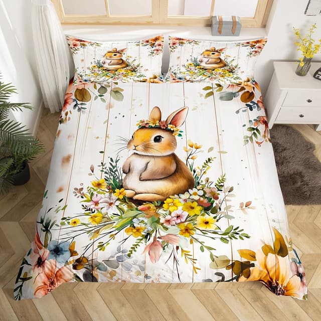 Homewish Kaninchen Kinderbettwäsche 135x200 Aquarell, Blumen Tiere Bettbezug Niedlich für Mädchen Jungen, Braunbeige Ästhetische Bett Set, mit 1 Kissenbezug Holzbrett Dekor, Weiche Mikrofaser Braun Beige 135*200+80*80*1