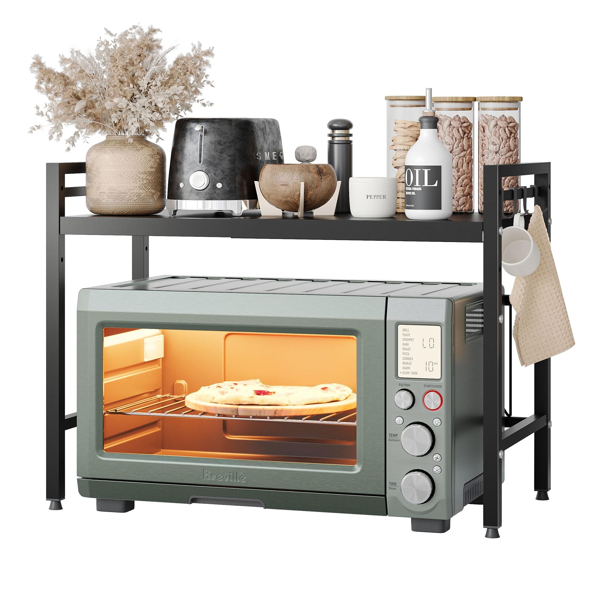 NETEL Mikrowellen Ständer 2 Stufiges Mikrowellen Regal Organizer mit Haken, Rollen Schneidebrett Halter, Schwarz, Ausziehbar von 40-60cm Schwarz-2 stufiges