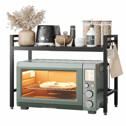 NETEL Mikrowellen Ständer 2 Stufiges Mikrowellen Regal Organizer mit Haken, Rollen Schneidebrett Halter, Schwarz, Ausziehbar von 40-60cm Schwarz-2 stufiges