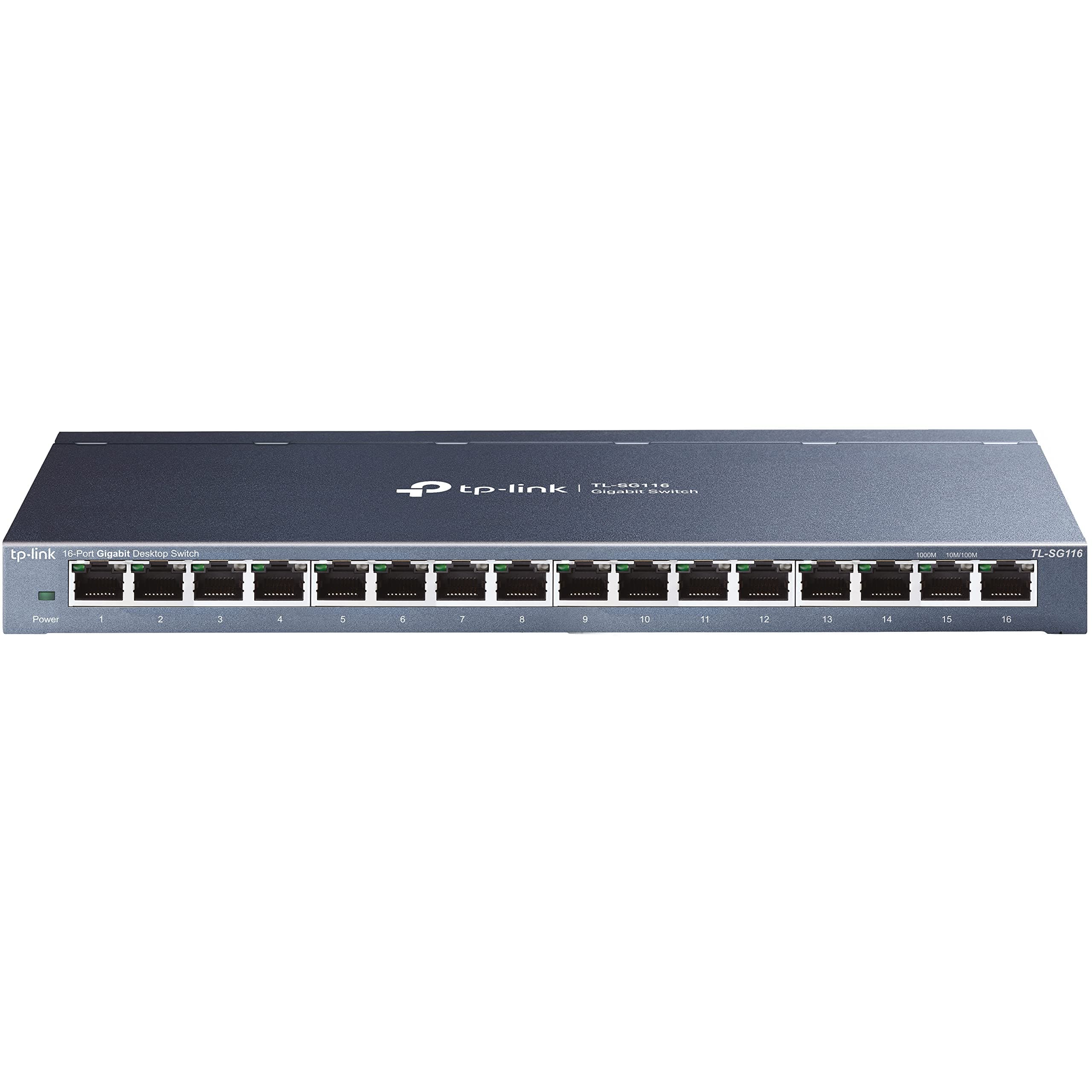 TP-Link TL-SG116 16-Port Gigabit-/Netzwerk Switch (32Gbit/S Switching-Kapazität, geschirmte RJ-45 Ports, Metallgehäuse, IGMP-snooping, Unmanaged, Plug-und-Play, lüfterlos) blau Metallic 16 ports