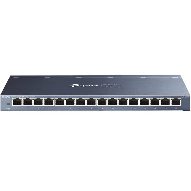 TP-Link TL-SG116 16-Port Gigabit-/Netzwerk Switch (32Gbit/S Switching-Kapazität, geschirmte RJ-45 Ports, Metallgehäuse, IGMP-snooping, Unmanaged, Plug-und-Play, lüfterlos) blau Metallic 16 ports