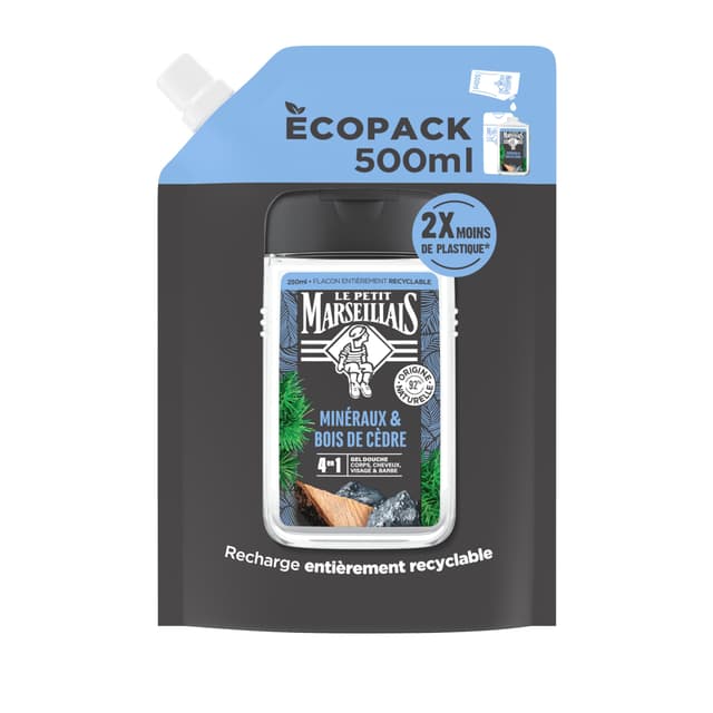 Le Pe Marseillais | Nachfüllpack Duschgel für Herren, Mineralien & Zedernholz (500 ml Ökopack) – 4-in-1-Formel für Körper, Haar, Gesicht & Bart – 92% Inhaltsstoffe natürlichen Ursprungs und