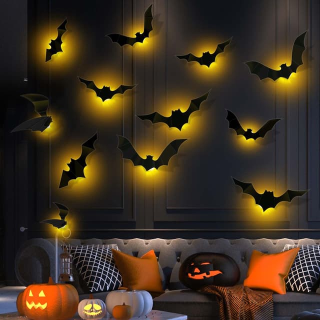 Halloween Deko Fledermaus, 12 Stück 3D Groß Fledermaus Deko Mit LED, Wandaufkleber Helloween Dekoration Party Deko Sticker, Helloween Deko Outdoor Indoor, Halloween LED Deko Set Für Fenster Tür (Warm)