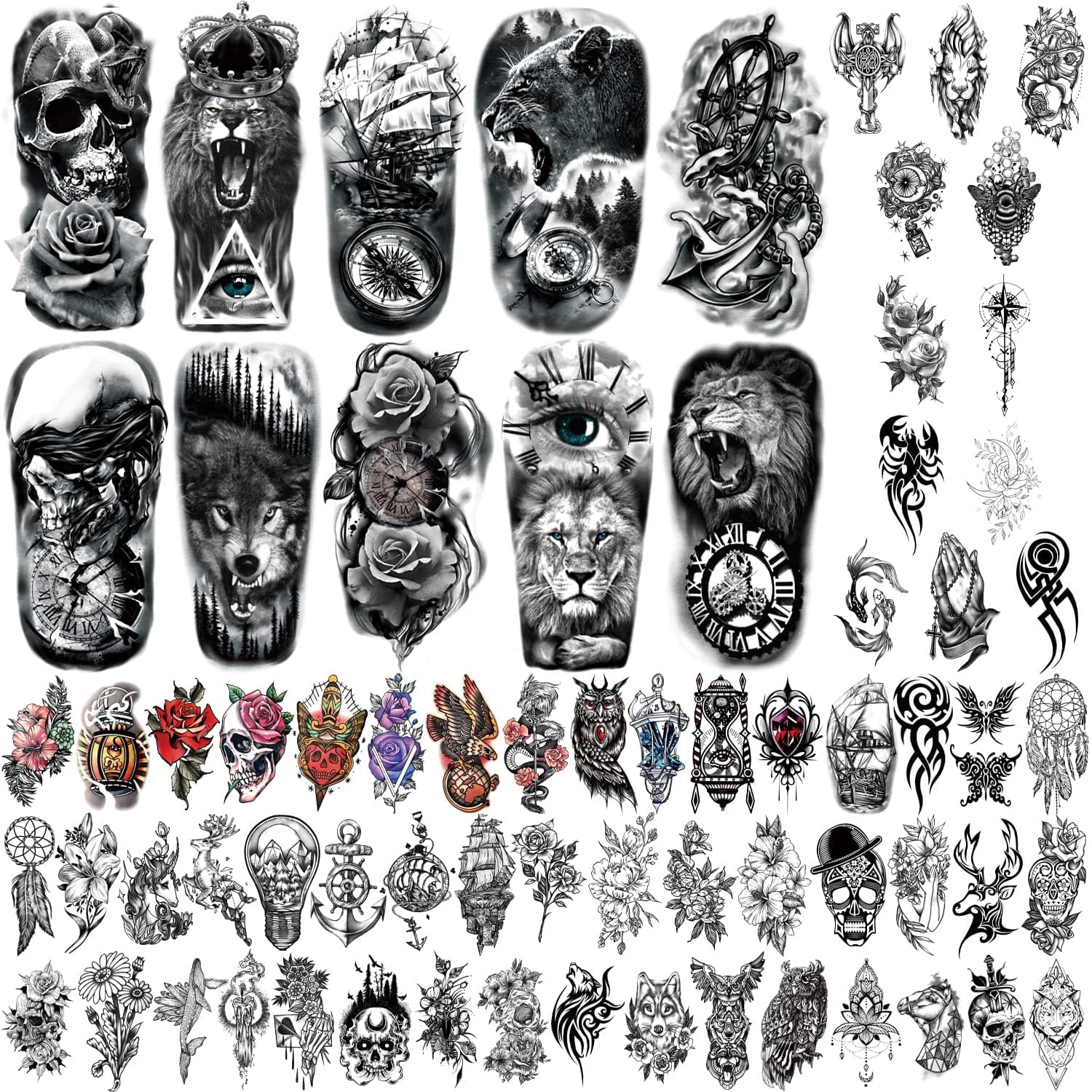 Yazhiji 70 Blatt Wasserdicht Temporäre Tätowierung für Mädchen Jungen Kinder 10 Blatt Größere Halbarm Wolf Tiger Gefälschte Tattoos für Männer oder Frauen Und 60 Blatt Kleine Blumen Tattoo Aufkleber 70sheets-6