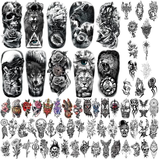 Yazhiji 70 Blatt Wasserdicht Temporäre Tätowierung für Mädchen Jungen Kinder 10 Blatt Größere Halbarm Wolf Tiger Gefälschte Tattoos für Männer oder Frauen Und 60 Blatt Kleine Blumen Tattoo Aufkleber 70sheets-6