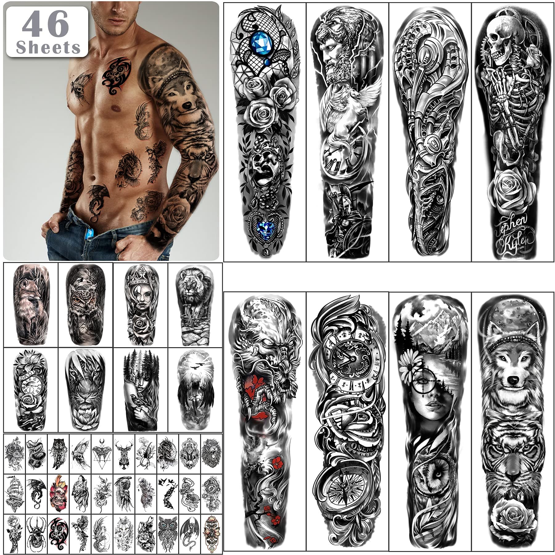46 Blatt Vollarm Schädel Temporäre Tattoos für Männer Halbarm Schulter Engel Tattoo für Damen Gefälschte wasserdichte Wolf Löwe Stein Tattoo Aufkleber für Erwachsene oder Kinder