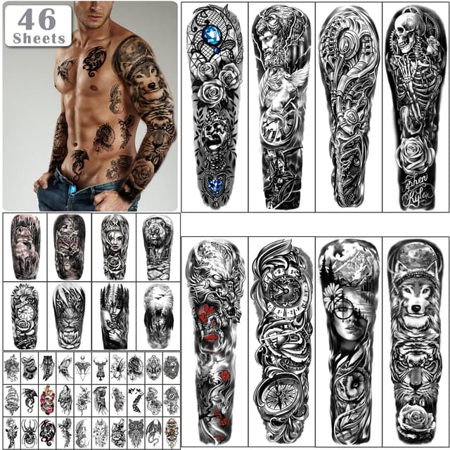 46 Blatt Vollarm Schädel Temporäre Tattoos für Männer Halbarm Schulter Engel Tattoo für Damen Gefälschte wasserdichte Wolf Löwe Stein Tattoo Aufkleber für Erwachsene oder Kinder