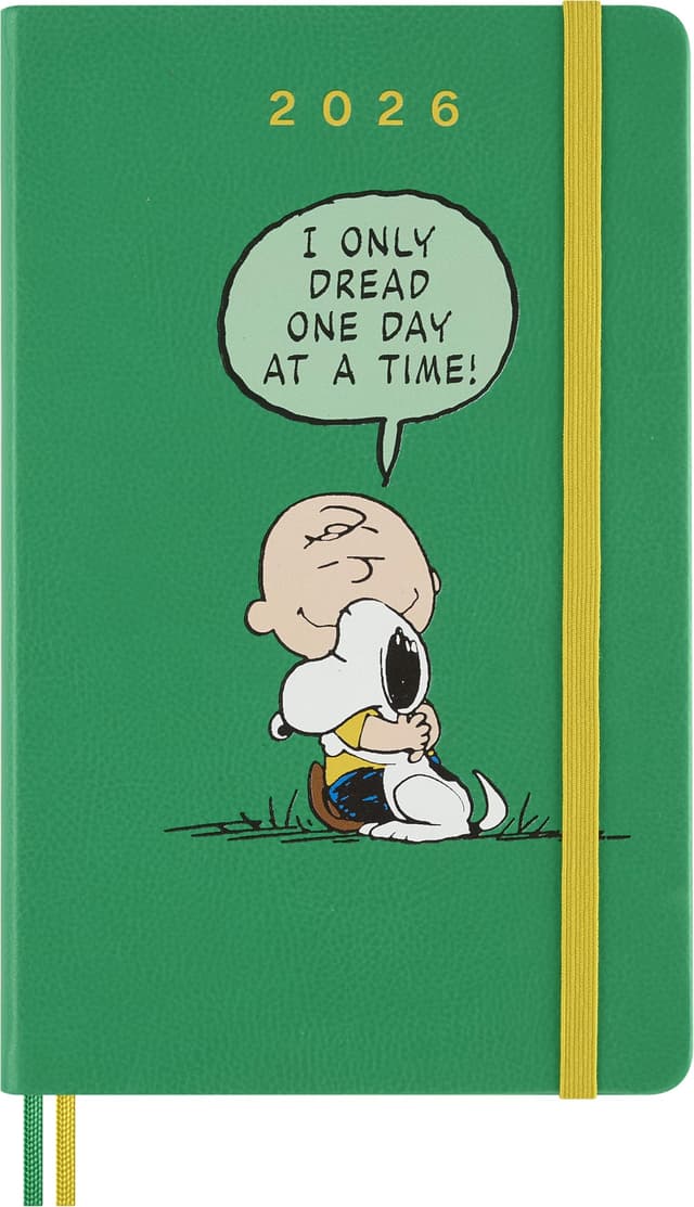 Moleskine Daily Planner Peanuts, 12-Monate Tageskalender 2026, mit Harte Einband, Elastischem Verschluss und thematischen Aufklebern, Großformat 13 x 21 cm