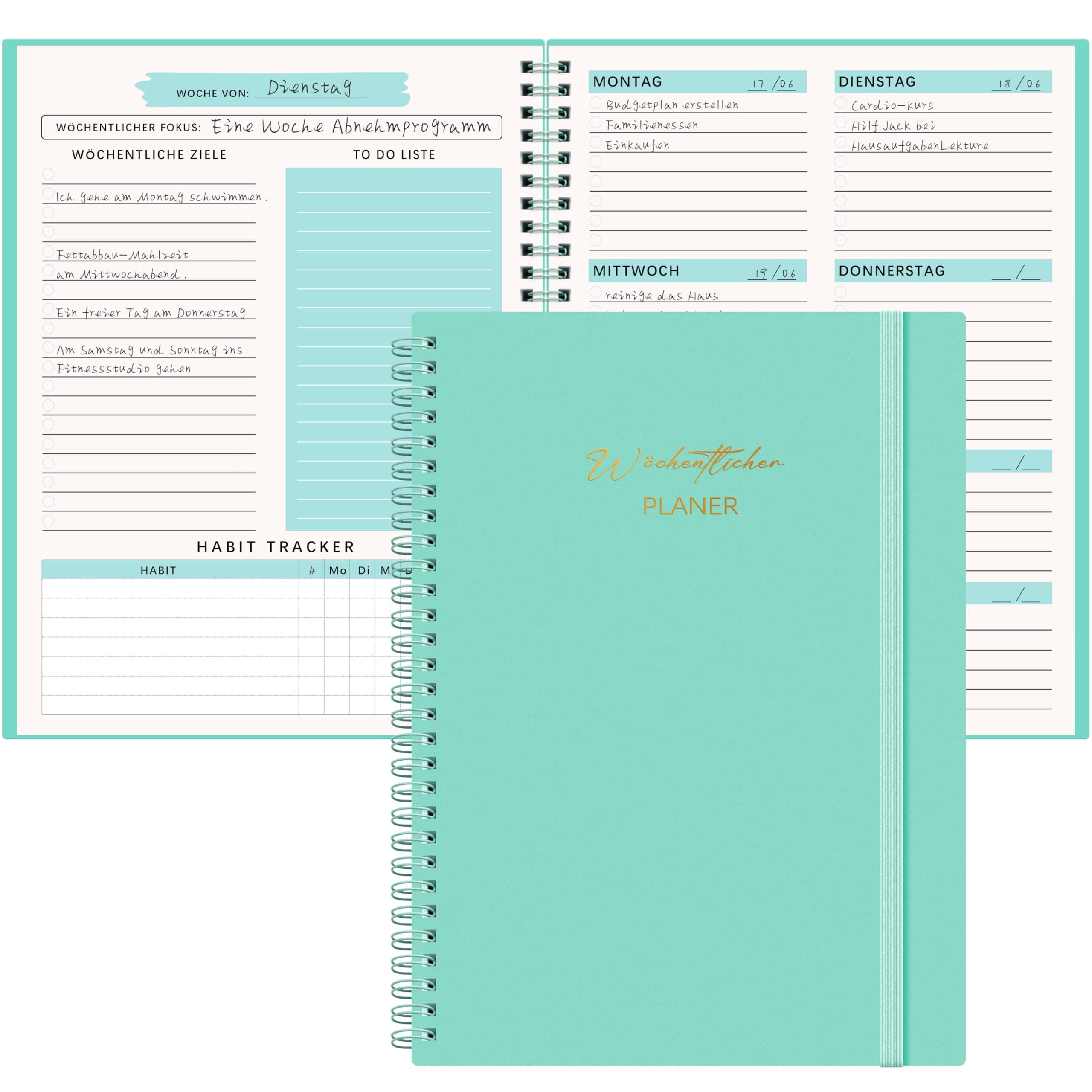 Qefuna Undatierter Wochenplaner,Terminplaner A5,wöchentlicher Terminkalender mit To-Do-Liste,PP Shell,104 Seiten 100 Gramm Papier,dem Hardcover -Ringordner，auf Deutsch(Blau Grün)