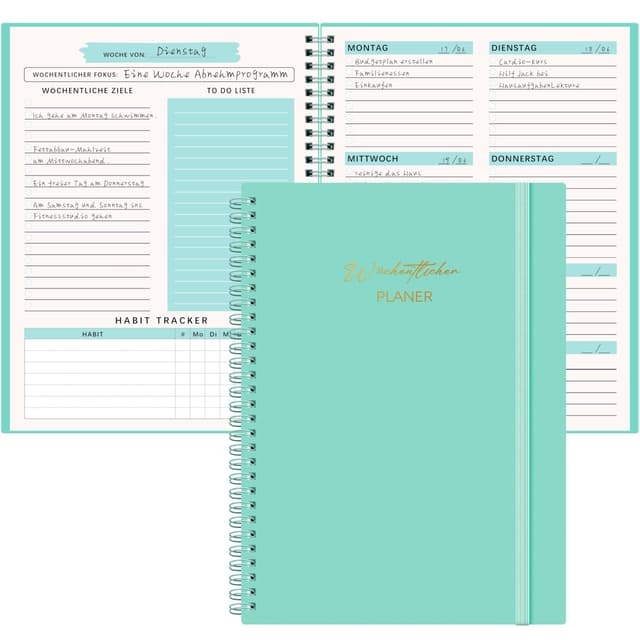 Qefuna Undatierter Wochenplaner,Terminplaner A5,wöchentlicher Terminkalender mit To-Do-Liste,PP Shell,104 Seiten 100 Gramm Papier,dem Hardcover -Ringordner，auf Deutsch(Blau Grün)