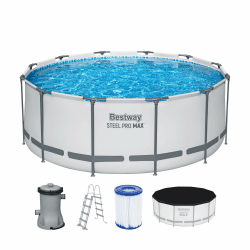 Bestway Steel Pro MAX Frame Pool Komplett-Set mit Filterpumpe Ø 366 x 122 cm, lichtgrau, rund, Grau Single Angebot bei HelloDeals