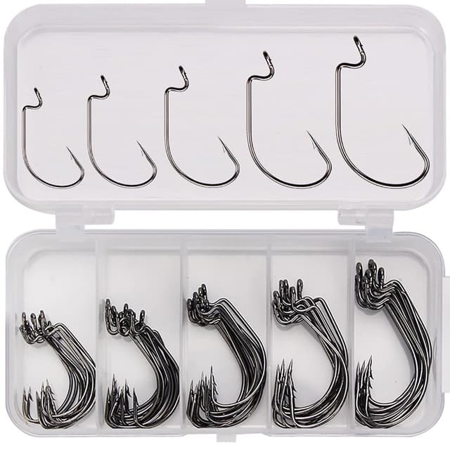 WUDQIJI Angelhaken Set 50 Stück Offset Haken Dropshot Haken Salzwasser Angelhaken Offset Wurm Angeln Haken Offsethaken Offset Wurm Haken mit Kunststoffboxen in 5 Größen für Gummiköder