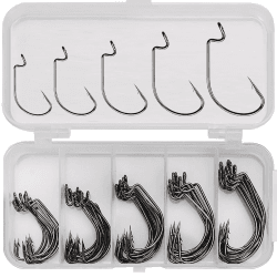 WUDQIJI Angelhaken Set 50 Stück Offset Haken Dropshot Haken Salzwasser Angelhaken Offset Wurm Angeln Haken Offsethaken Offset Wurm Haken mit Kunststoffboxen in 5 Größen für Gummiköder