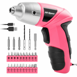 Hi-Spec Akkuschrauber klein in Pink Rosa mit wiederaufladbarem 3.6-V-Akku und LED-Licht. Mit 26-teiligem Zubehör Schraubendreher Bit Set – Mini Akkuschrauber für Frauen