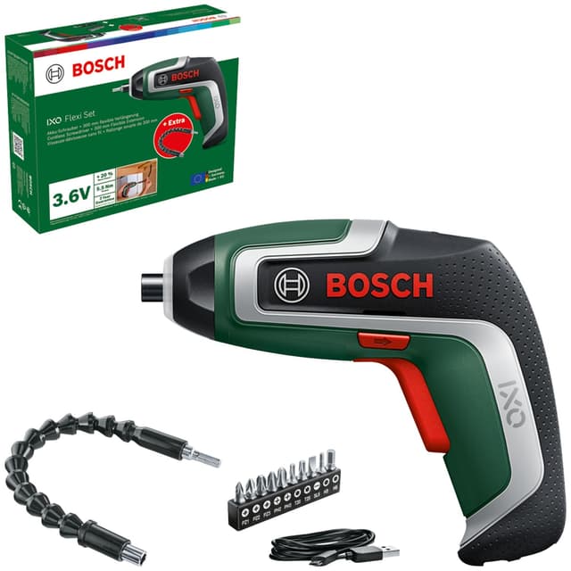 Bosch Kompakter Akku-Schrauber IXO, Flexi-Set (für flexibles Schrauben; 7. Generation; 3,6 V; 2,0 Ah; mit flexibler Erweiterung und Micro-USB-Kabel; Biegung bis 180°; 10 x Bit) Gen 7 | Flexi Set