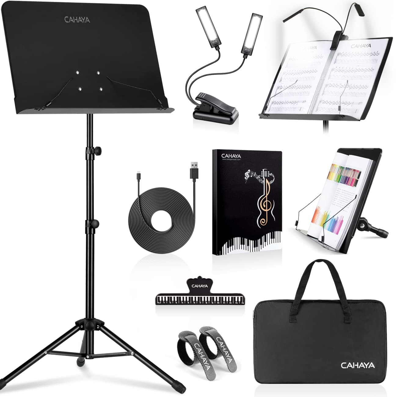 CAHAYA 6 in 1 Notenständer mit Ständer Leichter Desktop Buchständer mit Tragetasche, Notenmappe & Clip Metall Tragbare solide Rückseite für Gitarre, Ukulele, Geige Spieler CY0194set Mit Licht
