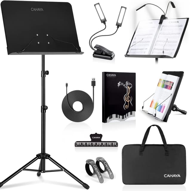 CAHAYA 6 in 1 Notenständer mit Ständer Leichter Desktop Buchständer mit Tragetasche, Notenmappe & Clip Metall Tragbare solide Rückseite für Gitarre, Ukulele, Geige Spieler CY0194set Mit Licht