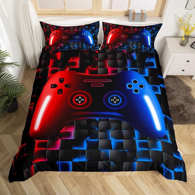 Gaming Bettwäsche Sets für Jungen,135x200 Komfortbezug für Jungen Mädchen Kinder 3D Gamer Geometrische Bettbezug,Spielkonsole Leichte Mikrofaser Bett Set, Neon Rot Blau Schwarz Glühen Rot Blau 135*200+80*80*1