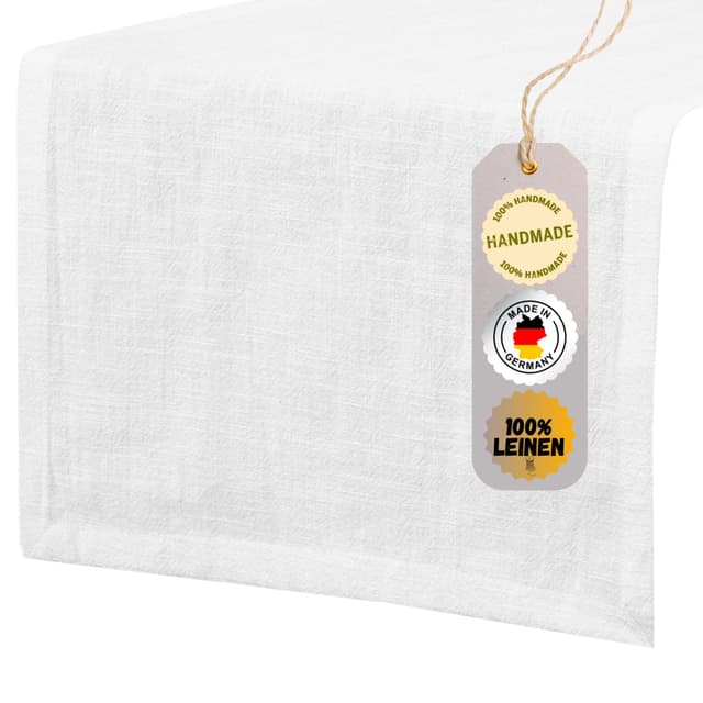 chambry Tischläufer 100% Leinen Stonewashed – Handarbeit Made in Germany – Größe und Farbe wählbar – natürliche und hochwertige Tischdekoration aus Naturmaterial Weiß 30cm x 135cm Weiß 30 x 135 cm