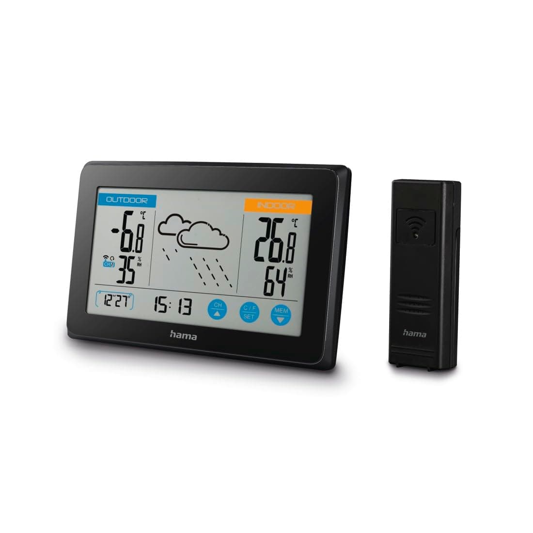 Hama Wetterstation Funk mit Außensensor „Touch“ (mit Wettervorhersage, misst Luftfeuchtigkeit, Innen- und Außentemperatur, Thermometer, Hygrometer, DCF Funkuhr, Datum) schwarz
