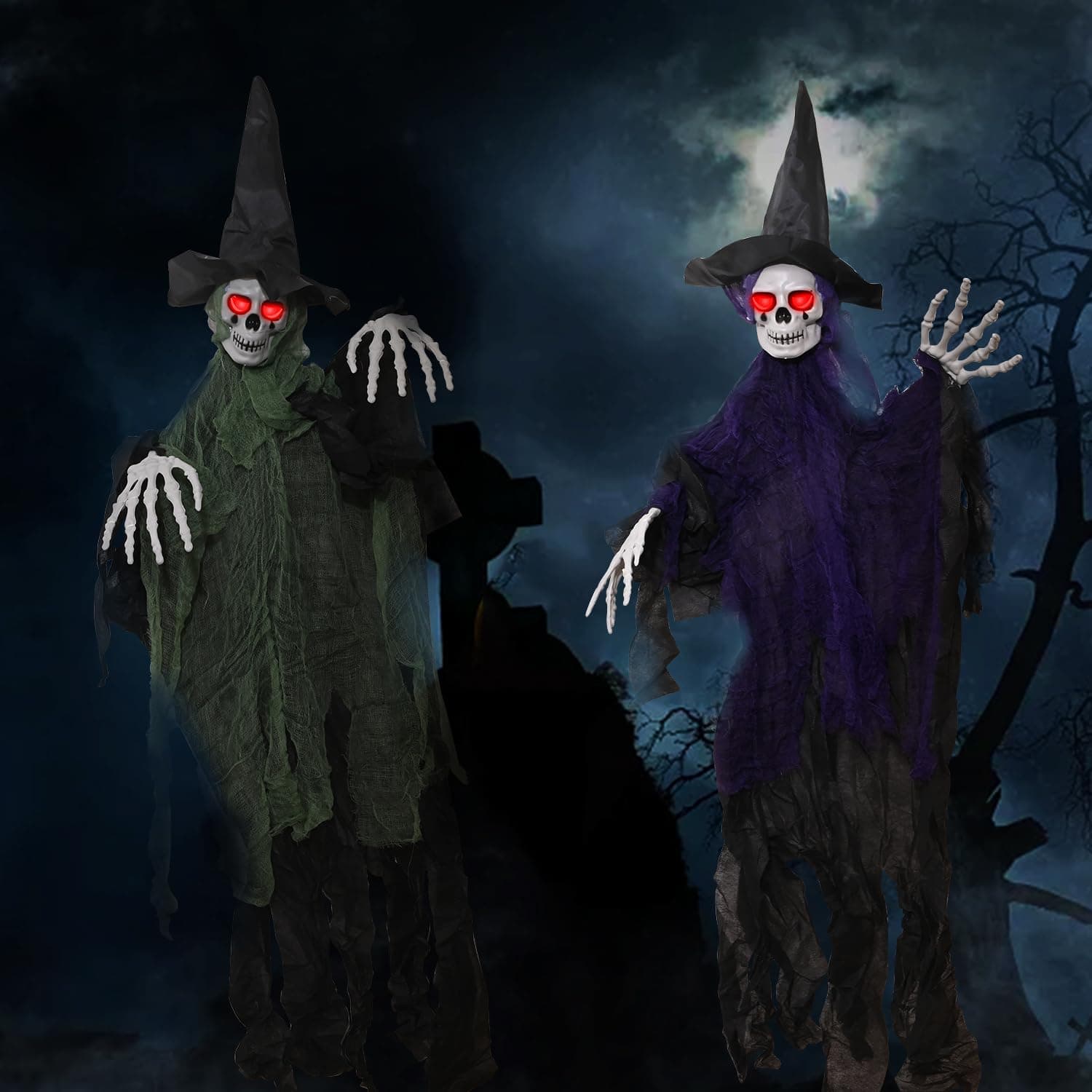 Abnaok Halloween Geist, 2 Stück Halloween Deko Outdoor Skelett Lila + Grün, 105 x 85 cm - Rote Augen