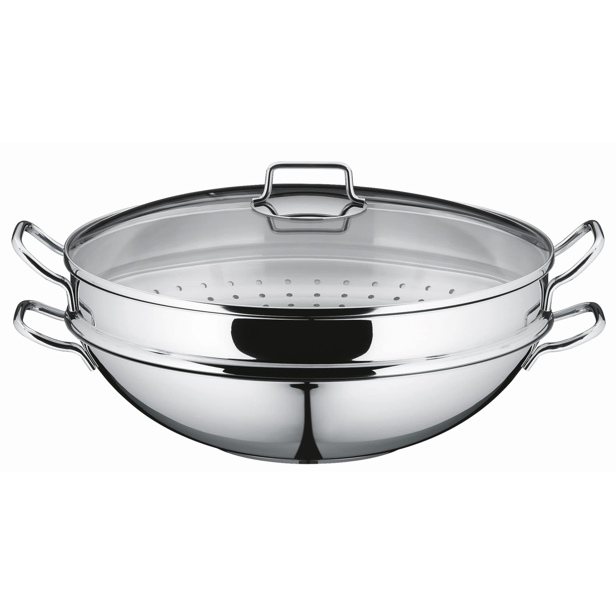 WMF Macao Wok Induktion 4-teilig, Wokpfanne 36 cm mit Glasdeckel, Ablagegitter, Dämpfereinsatz, Wokpfanne Induktion, Cromargan Edelstahl poliert, unbeschichtet 36 cm Wok Set