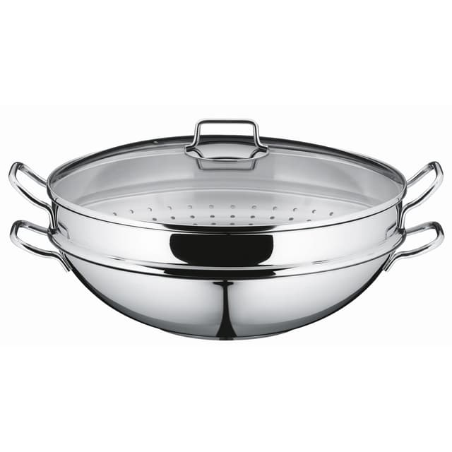 WMF Macao Wok Induktion 4-teilig, Wokpfanne 36 cm mit Glasdeckel, Ablagegitter, Dämpfereinsatz, Wokpfanne Induktion, Cromargan Edelstahl poliert, unbeschichtet 36 cm Wok Set