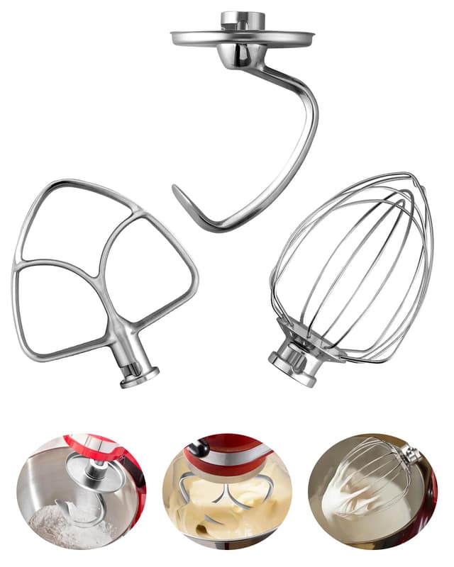 HOMGEN 3 stück Mixeraufsätze für KitchenAid Standmixer 4.5-5 QT – Edelstahl Kitchenaid Mixer-Zubehör aus Stahl enthalten K45WW Schneebesen, K45DH Knethaken, K45B Flachrührer 3 in 1 Zubehör