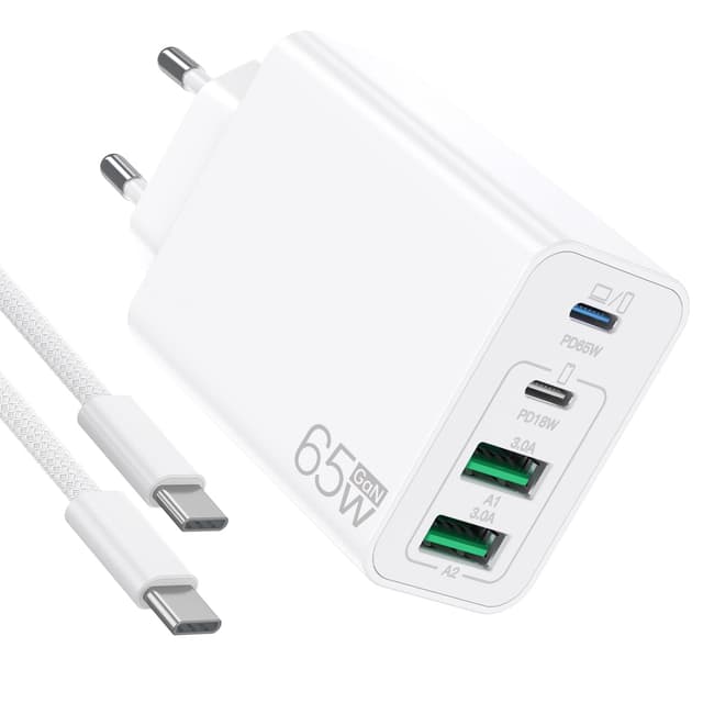 USB C Ladegerät, 65W PD 3.0 GaN Ladegerät, USB C Netzteil mit 4Port Schnellladegerät für MacBook Pro/Air, Dell XPS, i.Phone 16 Pro Max/15/14/13, Switch, Samsung Galaxy S24/S23 Ultra/S22 usw, Computer 65W Weiß
