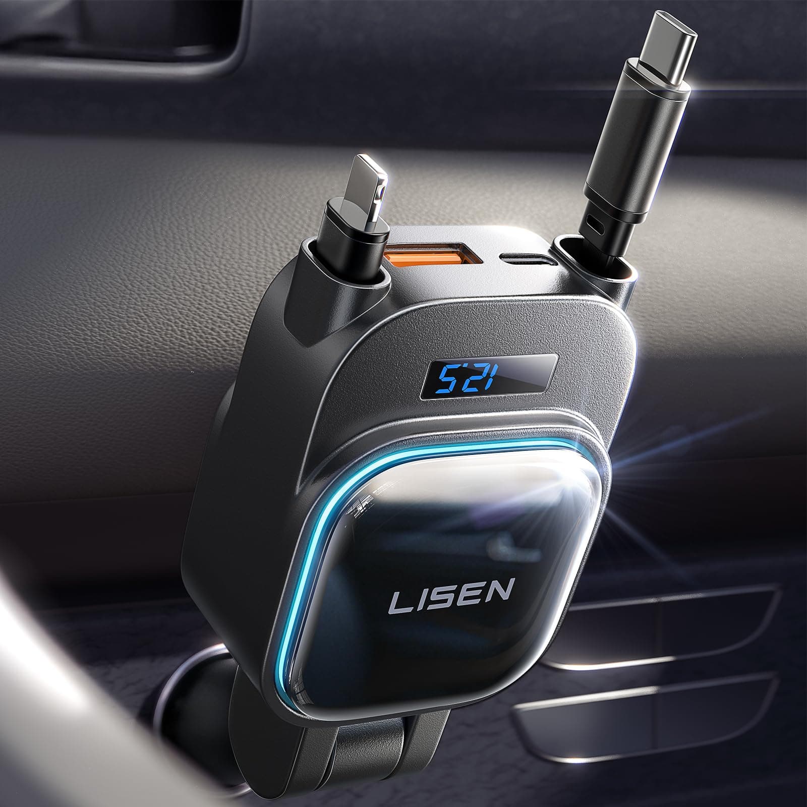 LISEN 96W Zigarettenanzünder USB C 4 in 1 Auto Ladegerät, 12V Ladegerät Auto Adapter mit [Spannung-Anzeige], 24/12V Schnellladegerät für iPhone 16 15 Pro Max, Galaxy S25 S24 Ultra, Xiaomi 15 14 Space Black