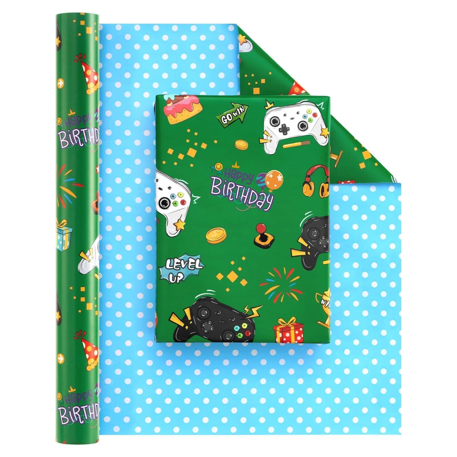 WERNNSAI Gaming Geschenkpapierrolle – 1 Rolle 43cm x 10 m Geburtstag wendbare Geschenkpapierrolle Spiel Geschenkpapier Kinder Birthday Party Geschenkpapier Videogame wrapping paper single roll Grün