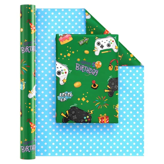 WERNNSAI Gaming Geschenkpapierrolle – 1 Rolle 43cm x 10 m Geburtstag wendbare Geschenkpapierrolle Spiel Geschenkpapier Kinder Birthday Party Geschenkpapier Videogame wrapping paper single roll Grün