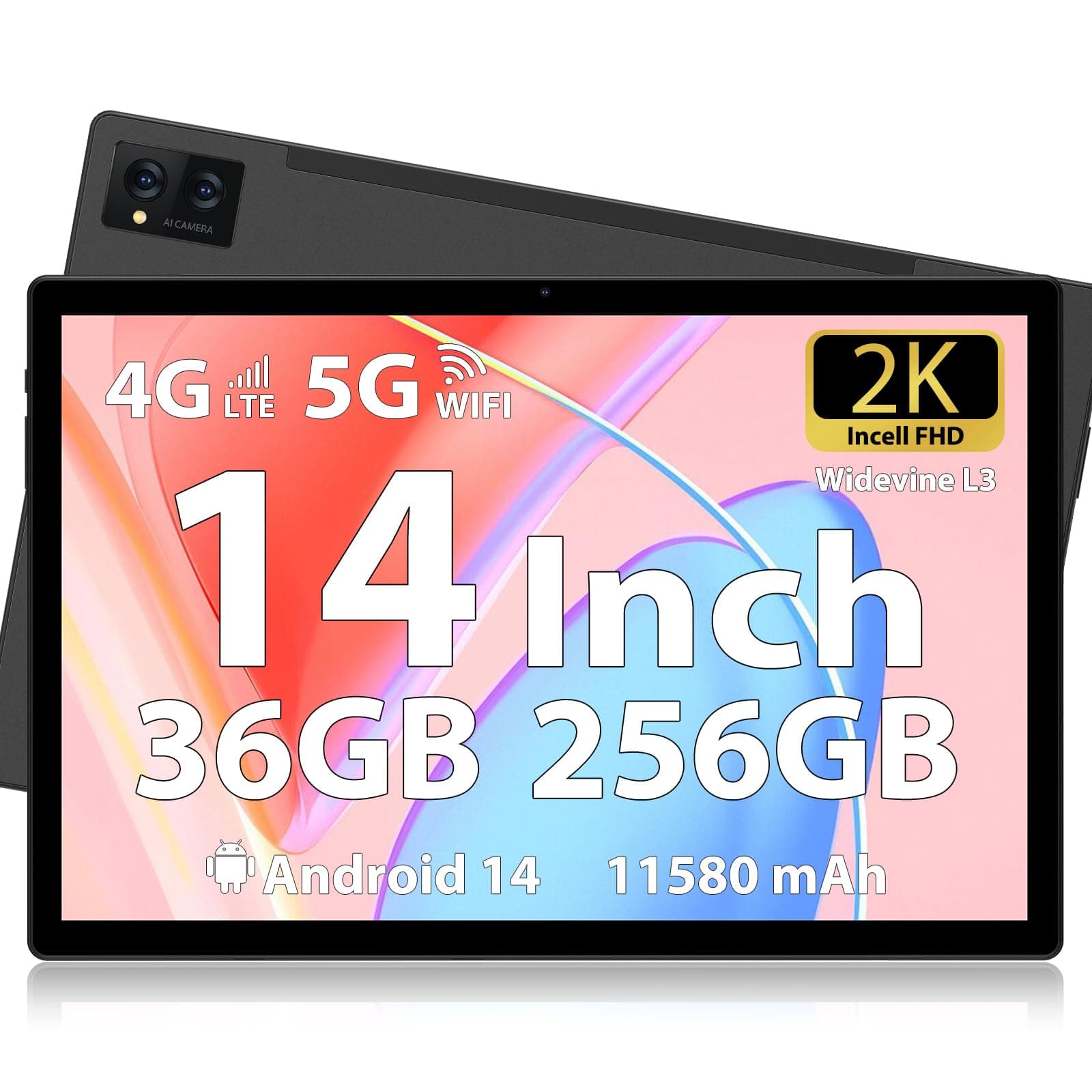 FORUSER Tablet 14 Zoll Android 14 mit Incell 2K Tablets, 36(12+24) GB RAM +256GB ROM (2TB TF), 11580mAh Akku, Octa-Core, 4G Dual SIM/5G WiFi/GPS,mit Stift und Hülle(Schwarz) Schwarz-14 Zoll
