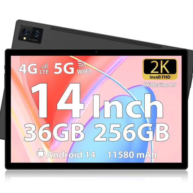 FORUSER Tablet 14 Zoll Android 14 mit Incell 2K Tablets, 36(12+24) GB RAM +256GB ROM (2TB TF), 11580mAh Akku, Octa-Core, 4G Dual SIM/5G WiFi/GPS,mit Stift und Hülle(Schwarz) Schwarz-14 Zoll