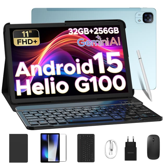 DOOGEE Tab E3 Android 15 AI Tablet mit Tastatur, Helio G100, 32GB + 256GB (2TB TF) Tablet 11 Zoll FHD+ 8800mAh Tablets mit SIM Card Slot, 4G LTE + 5G WiFi 7.5mm Ultradünn Tablets mit Stift,Maus,Hülle TAB E3(Blau)