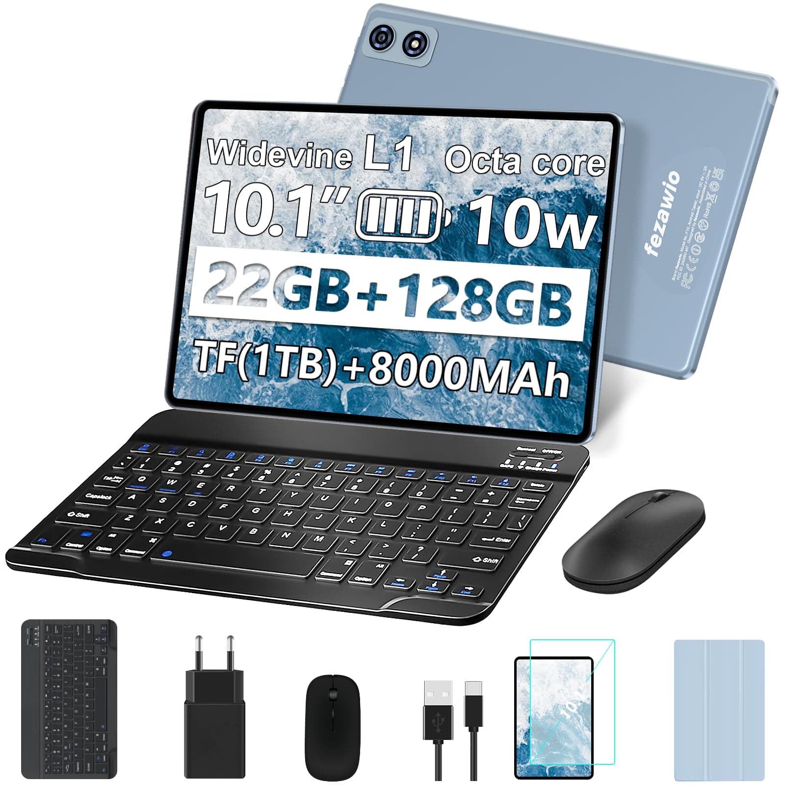 fezawio Android 14 Tablet 10 Zoll 22GB RAM+128GB ROM Octa-Core Tablet 5G WiFi, Mit Tastatur Maus, 8000mAh, (1TB TF) Mit HüLle -Grau