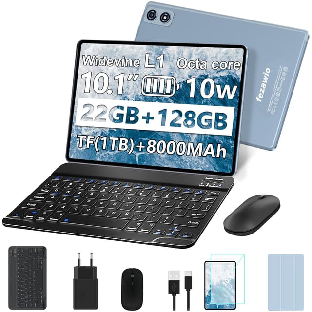 fezawio Android 14 Tablet 10 Zoll 22GB RAM+128GB ROM Octa-Core Tablet 5G WiFi, Mit Tastatur Maus, 8000mAh, (1TB TF) Mit HüLle -Grau