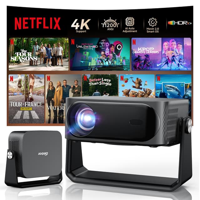 [30000 Lumen/Autofokus & Trapezkorrektur] 4K Smart Beamer mit Netflix-App & Kinoähnlichem Sound, WiFi 6＆ Bluetooth 5.3, HDR10+, intelligenter tragbarer Projektor mit schwenkbarer Heimkino Beamer Grey