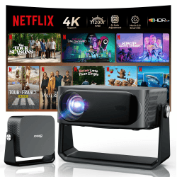 [30000 Lumen/Autofokus & Trapezkorrektur] 4K Smart Beamer mit Netflix-App & Kinoähnlichem Sound, WiFi 6＆ Bluetooth 5.3, HDR10+, intelligenter tragbarer Projektor mit schwenkbarer Heimkino Beamer Grey