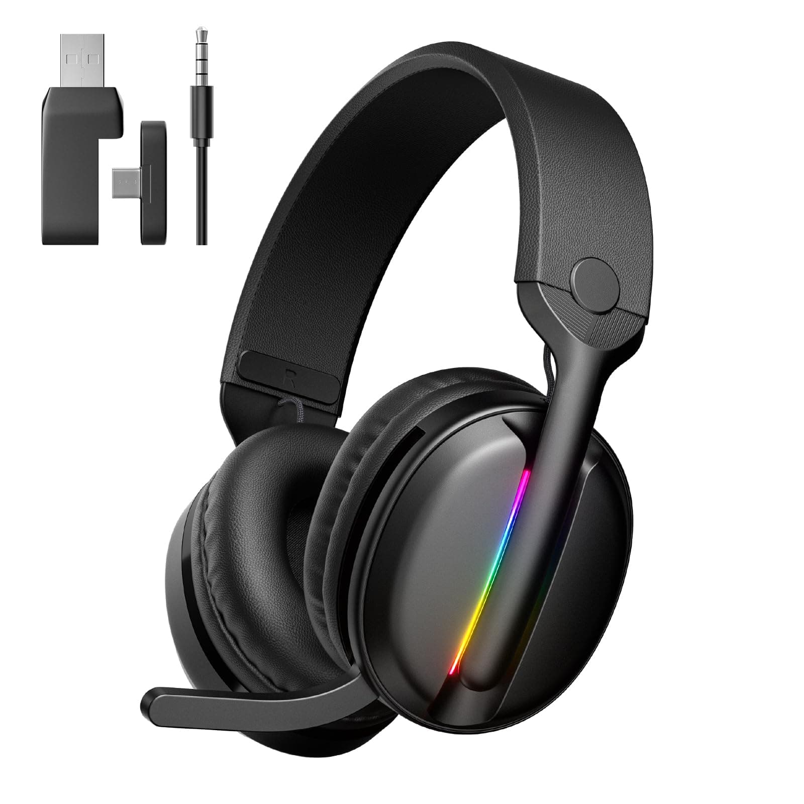 MANKIW Kabelloses Gaming Headset für PS5, PS4, PC, Mac, 2.4GHz USB & Type-C & 5.4 Bluetooth Gaming Kopfhörer mit geringer Latenz, Geräuschunterdrückendem Mikrofon, 40 Std. Akku, 3,5 mm Kabelmodus