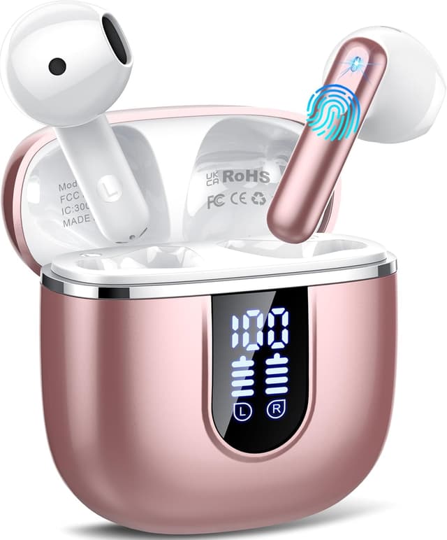 Bluetooth Kopfhörer, Kopfhörer Kabellos Bluetooth 5.4 In Ear Kopfhörer mit 4 ENC Noise Cancelling Mikrofonen, 40Std Ohrhörer mit LED Anzeige USB-C, IP7 Wasserdicht Earbuds für Sport Arbeit, Roségold