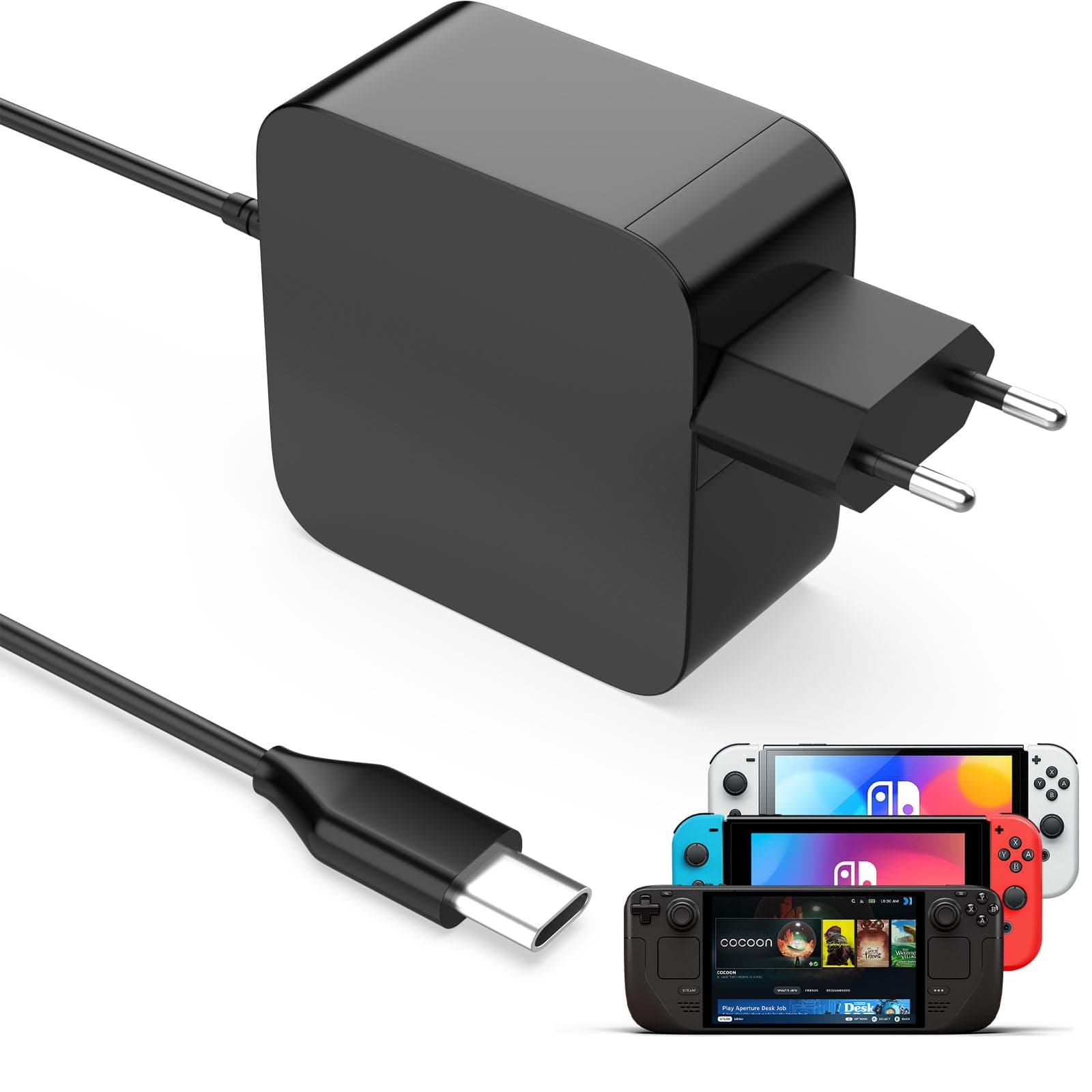45W Netzteil für Nintendo Switch/Steam Deck, USB C Schnellladegerät Ladegerät für Switch2/ Switch Dock/Steam Deck/Dock/OLED/Unterstützt TV Modus(mit 1.8M/6FT Ladekabel)