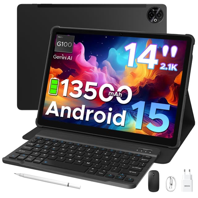 DOOGEE Tab E3 Max Android 15 Tablet 14 Zoll Gemini AI 13500mAh Helio G100 32GB RAM+256GB Tablet mit SIM Card Slot Octa Core Tablets mit Tastatur, Maus, Stift, Hülle, Schutzfolie Dual 4G LTE + 5G WiFi Schwarz