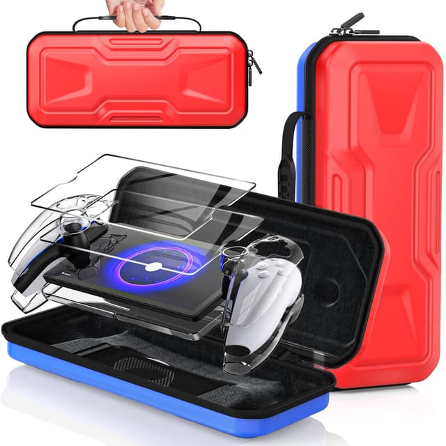 FYOUNG Tasche Zubehör für Playstation Portal, Full Protection Bundle mit Schutz Glas Bildschirmschutz, klare Hülle, Hartschale Portable Reisetasche für PS5 Portal Remote Player (Rot Blau)