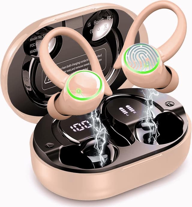 Matast Bluetooth Kopfhörer, Bluetooth 5.4 Sport Kopfhörer mit HiFi Stereo, 50 Stunden Wireless In Ear Kopfhörer Geräuschunterdrückung ENC und 4 HD Mics, IP7 Wasserdicht Kabellose Kopfhörer, Kopfhörer Peach Weiß