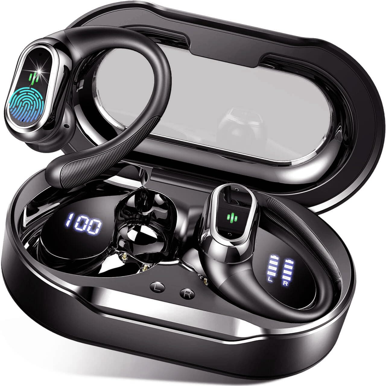 Bluetooth Kopfhörer, Kopfhörer Kabellos Bluetooth 5.4 Sport tiefer Bass, 50 std Spielzeit In Ear Kopfhörer mit 4 ENC Noise Cancelling Mic, IP7 Wasserdicht Ohrhörer LED-Anzeige für Arbeit und Studium Schwarz